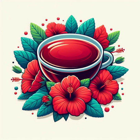 Cup of tea with red hibiscus flowers. Vector illustration.のイラスト素材