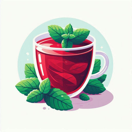 Cup of tea with mint leaves. Vector illustration in cartoon style.のイラスト素材