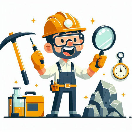 Cartoon miner with magnifying glass and tools. Vector illustration.のイラスト素材