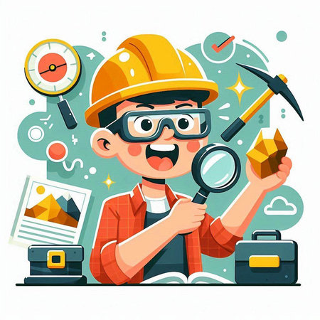 Engineer with magnifying glass and tools. Vector illustration in cartoon styleのイラスト素材