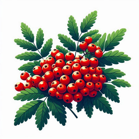 Red rowan berries with green leaves isolated on white background. Vector illustration.のイラスト素材
