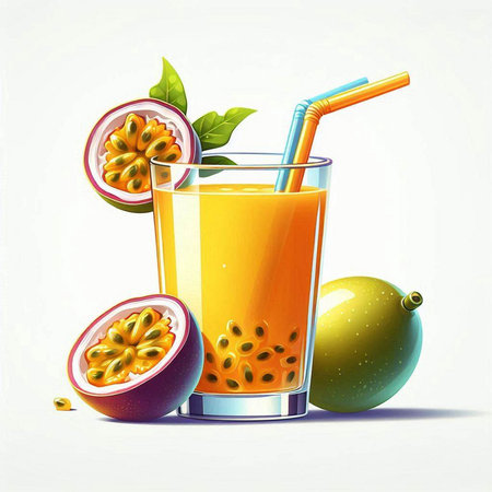 Vector illustration of a glass of passion fruit juice with fresh fruits and leaves.のイラスト素材