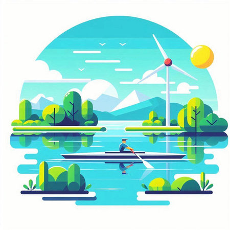 Vector illustration of a man rowing a rowing boat in a lake surrounded by nature.のイラスト素材