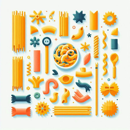 Pasta collection. Different types of pasta. Colorful vector illustration.のイラスト素材