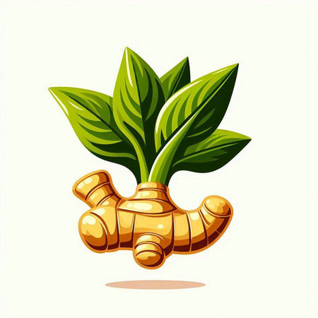 Fresh ginger with leaves isolated on white background. Vector illustration for your designのイラスト素材