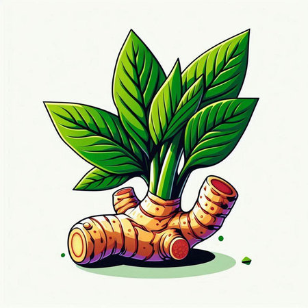 Ginger root with leaves. Vector illustration isolated on white background.のイラスト素材