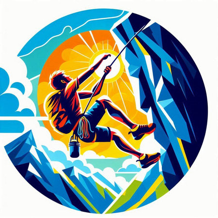 Illustration of a rock climber climbing with a rope in his hand.のイラスト素材