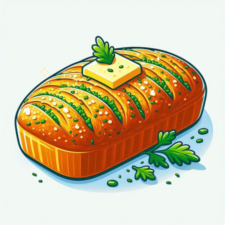 Illustration of a baked loaf of bread with parsley and butterのイラスト素材