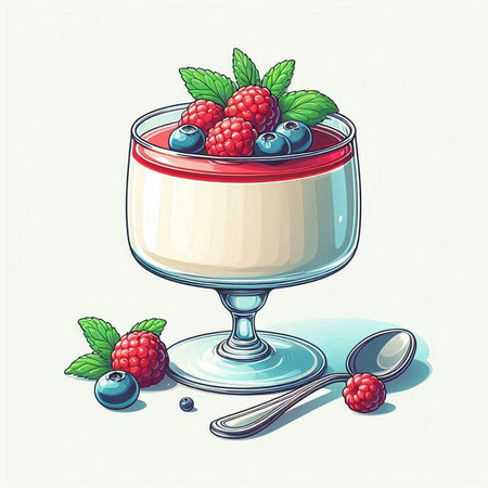 Panna cotta with fresh berries and mint. Vector illustration.のイラスト素材