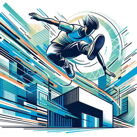 Vector illustration of a young man jumping in the city. Sport theme.のイラスト素材