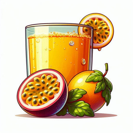 Vector illustration of a glass of passion fruit juice with fruits and leavesのイラスト素材