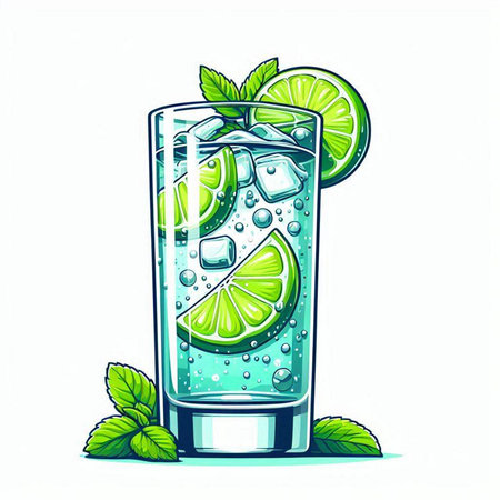 Cocktail with lime, mint and ice. Vector illustration.のイラスト素材