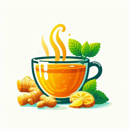 Cup of ginger tea with lemon and mint. Vector illustration.のイラスト素材