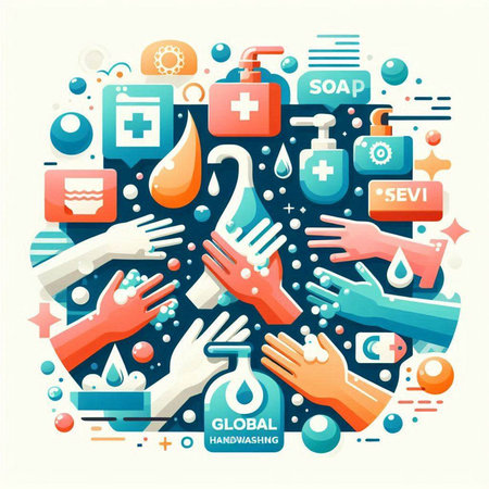 Hands and sanitizer. Vector illustration in flat style.のイラスト素材