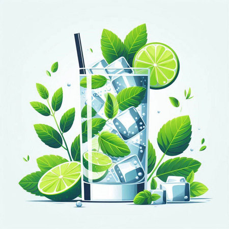 Mojito cocktail with ice cubes and mint leaves. Vector illustration.のイラスト素材