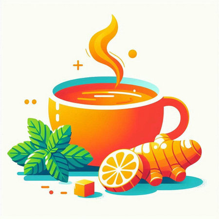 Cup of tea with ginger, lemon and mint. Vector illustration.のイラスト素材