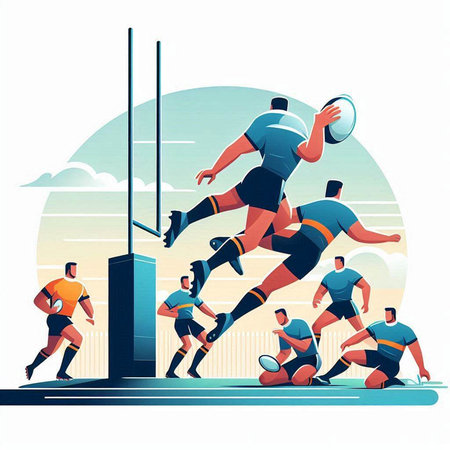 Rugby players in action. Vector illustration in flat style.のイラスト素材