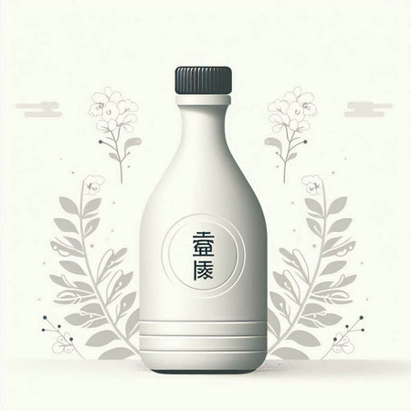 3D Realistic Detailed White Plastic Bottle with Chinese Calligraphy on Floral Background.のイラスト素材