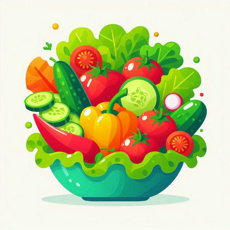 Vegetable salad in a bowl. Vector illustration in cartoon style.のイラスト素材