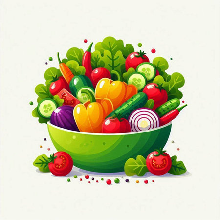 Vegetable salad in a bowl on a light background. Vector illustration.のイラスト素材