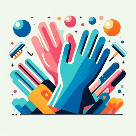 Vector illustration of human hands in flat style. Abstract colorful background.のイラスト素材