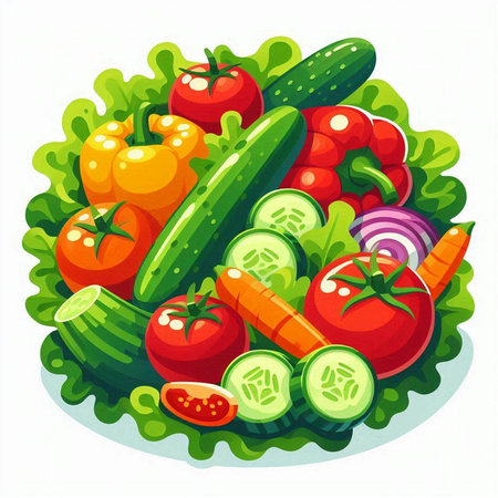 Illustration of fresh vegetables in a bowl on a white background.のイラスト素材