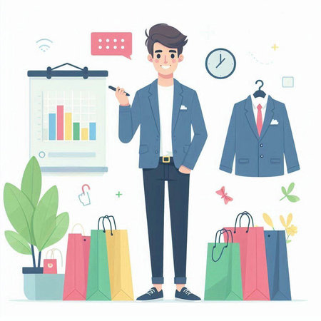 Man with paper bags. Shopping concept. Vector illustration in flat styleのイラスト素材