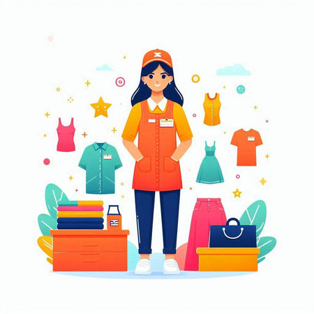 Young beautiful woman seller in uniform with shopping bags and clothes. Vector illustrationのイラスト素材
