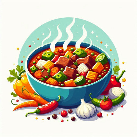 Illustration of a bowl of spicy beef stew with vegetables and spicesのイラスト素材