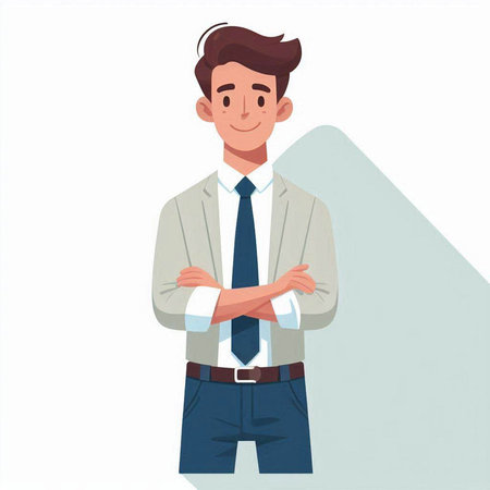 Young businessman standing with arms folded. Vector illustration in cartoon style.のイラスト素材