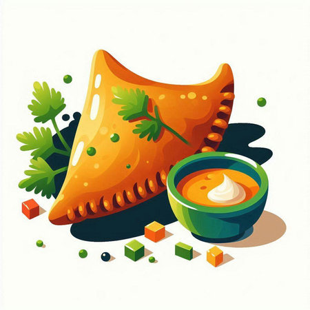 Illustration of fried samosas with sauce and parsley.のイラスト素材
