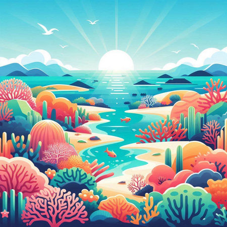 Coral reef landscape with seagulls and sunset. Vector illustration.のイラスト素材