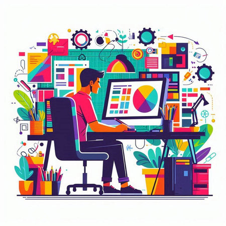 Man working on computer in office. Vector illustration in flat style.のイラスト素材