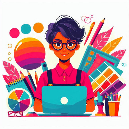 Vector illustration of a girl in glasses and with a laptop in her hands on a white background.のイラスト素材