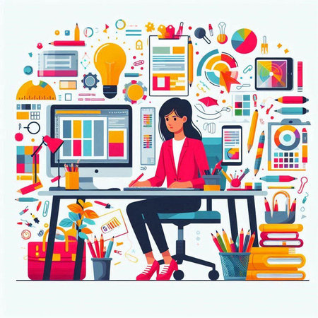Flat design modern vector illustration concept of business woman working in office.のイラスト素材