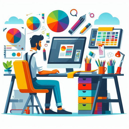 Young man working on computer at office. Vector illustration in flat styleのイラスト素材