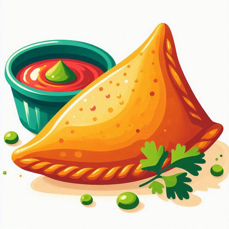 Illustration of a samosas with tomato sauce and parsleyのイラスト素材