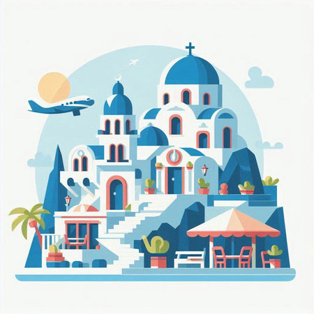 Santorini, Greece. Vector illustration in flat style.のイラスト素材