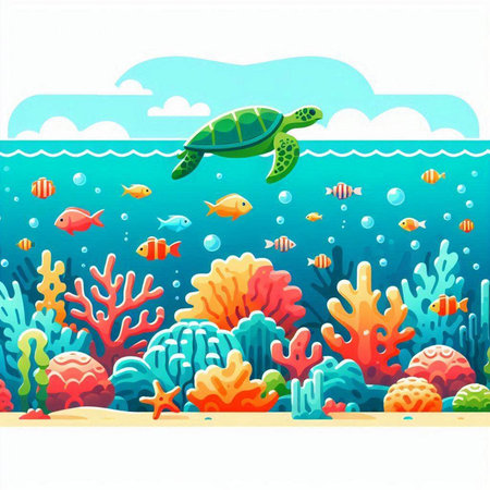 Underwater background with coral reef and sea turtle. Vector illustration.のイラスト素材