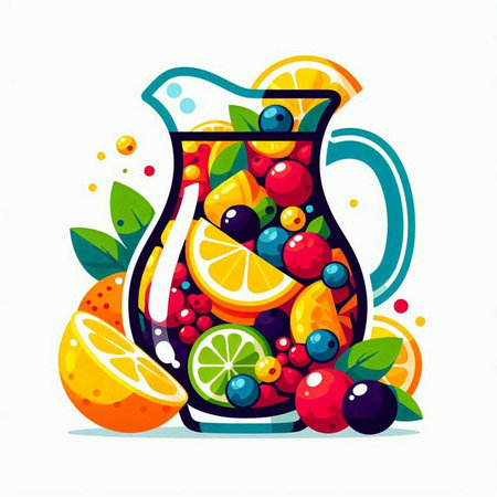 Jug of sangria with fruits and berries. Vector illustration.のイラスト素材