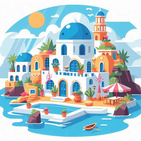 Santorini island. Vector illustration in flat style. Greece.のイラスト素材