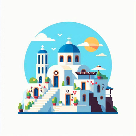 Santorini. Greece. Vector illustration in flat style.のイラスト素材