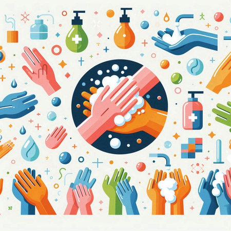 Washing hands with soap and liquid antibacterial hand sanitizer. Hygiene and cleanliness concept. Vector illustrationのイラスト素材