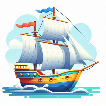 Sailing ship in the sea. Vector illustration. Cartoon style.のイラスト素材