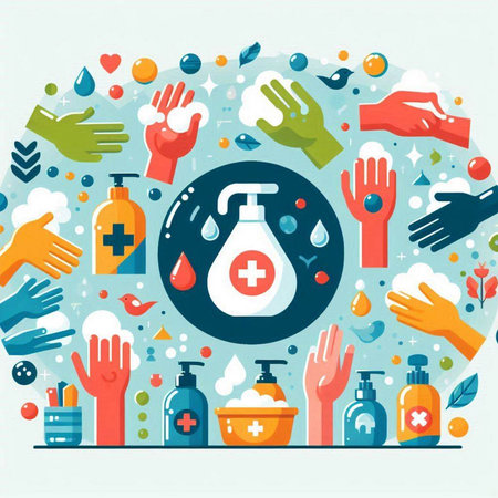 Coronavirus prevention concept. Washing hands with soap and alcohol gel. Vector flat illustrationのイラスト素材