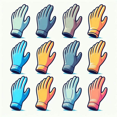 Vector illustration of a set of hand gloves in different colors on a white backgroundのイラスト素材