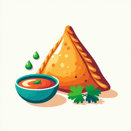 Illustration of a samosas with tomato sauce and parsleyのイラスト素材