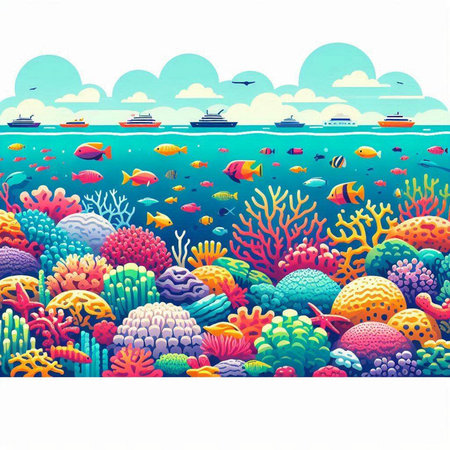 Underwater landscape with corals and tropical fish. Vector illustration.のイラスト素材