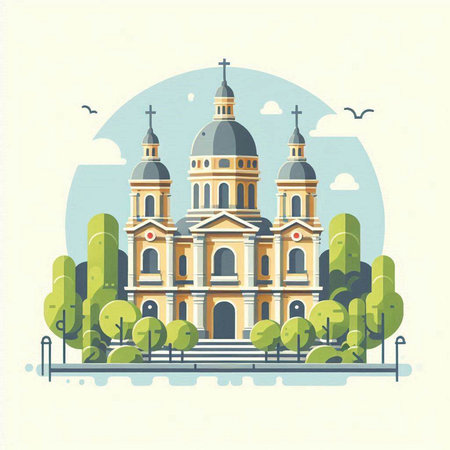 Church of St. Francis of Assisi in the city park. Vector illustrationのイラスト素材