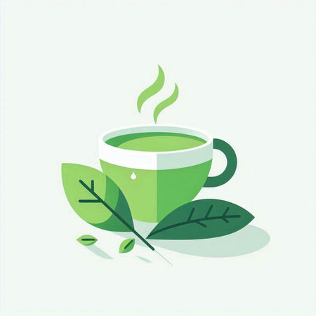 Cup of green tea with leaves on a light background. Vector illustration.のイラスト素材
